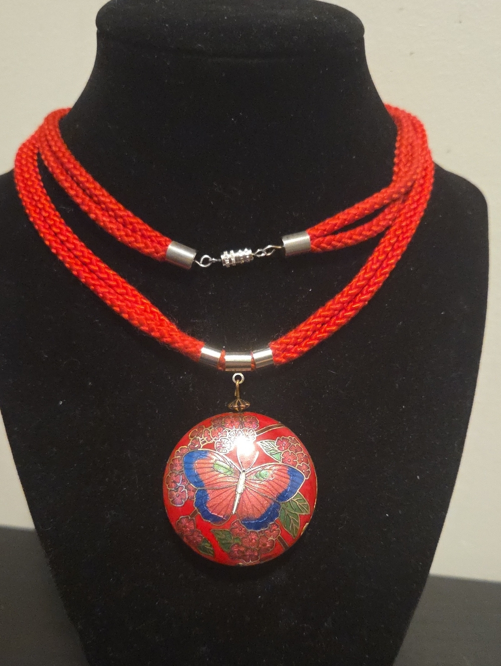 Red Butterfly Cloisonné Pendant Necklace Double Sided